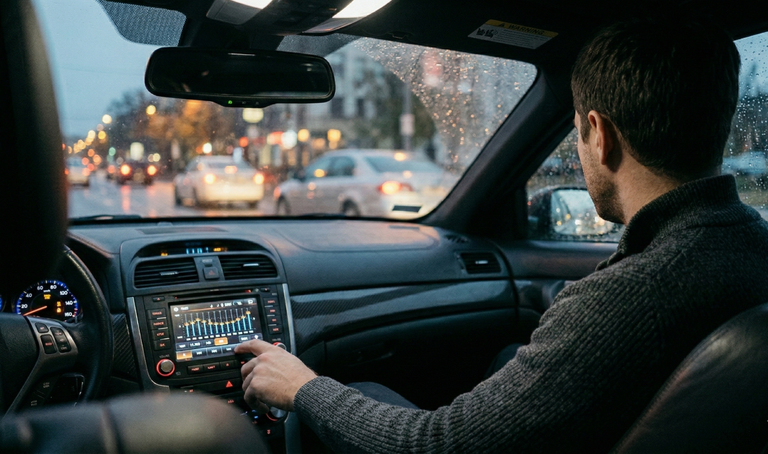Frustrated listener in his car audio